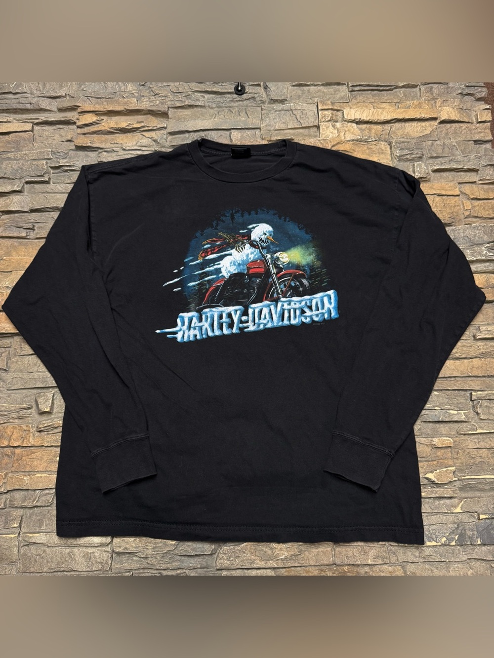 Harley Davidson T Shirt Mens 2XL Black Snowman Riding Motorcycle Graphic USA